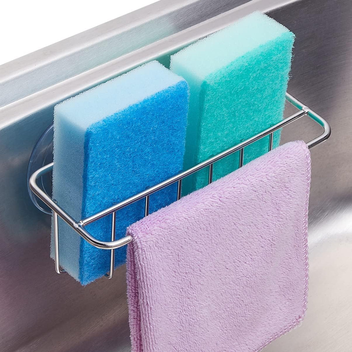 Sink Caddy Sponge Holder for Kitchen Sink Dish Cloth Hanger 2 Suspension Options(Suction Cups and