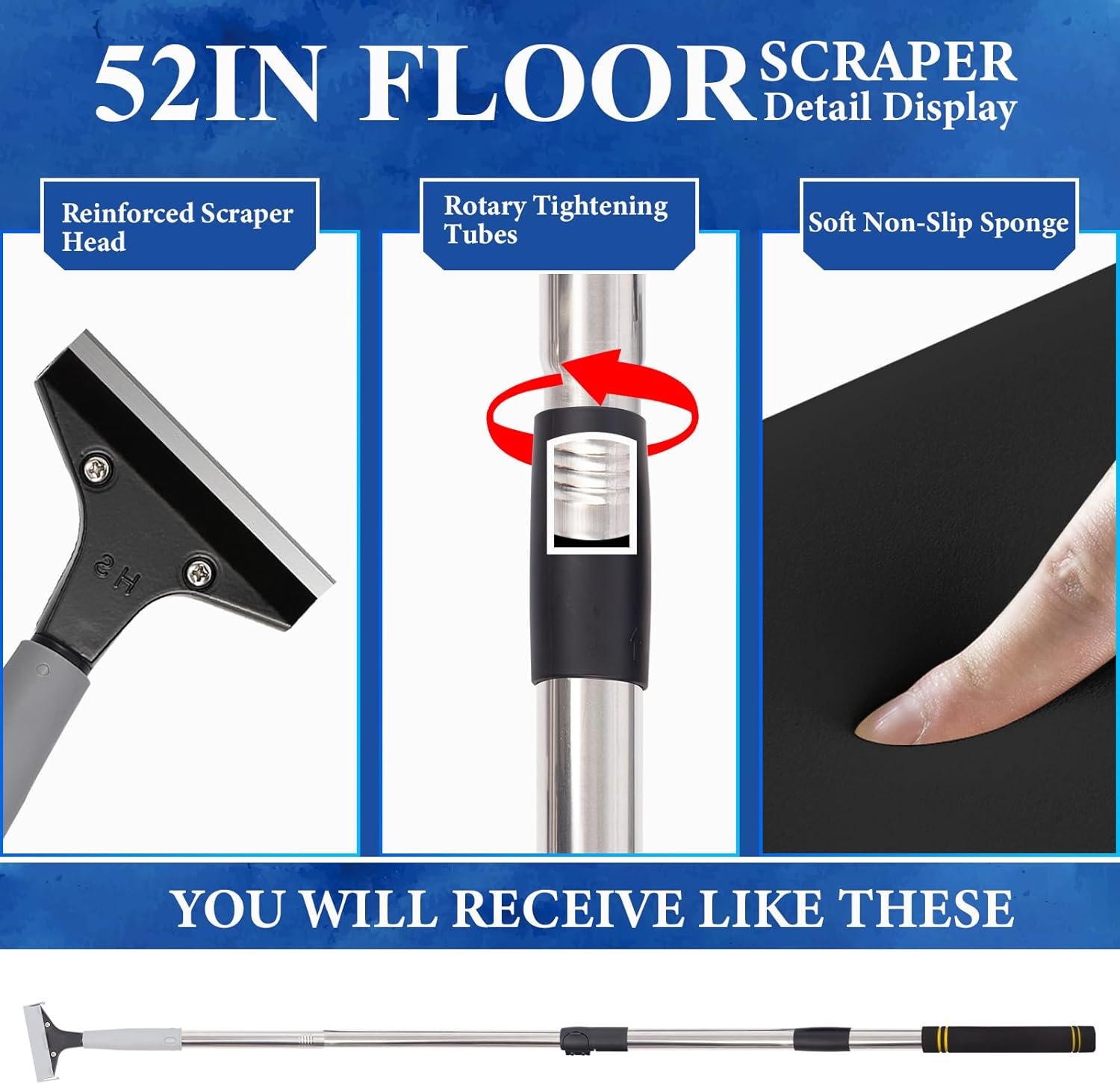 Floor Scraper Telescopic, 38 to 52in 4Inch Razor Blade Floor Scrapers Long Handle Heavy Duty