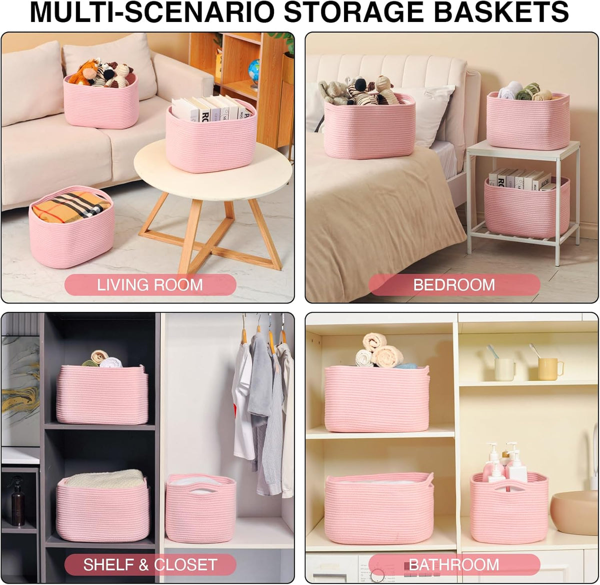 Storage Baskets for Organizing Shelves, Pink Basket for Nursery, Woven Cotton Rope Baskets for