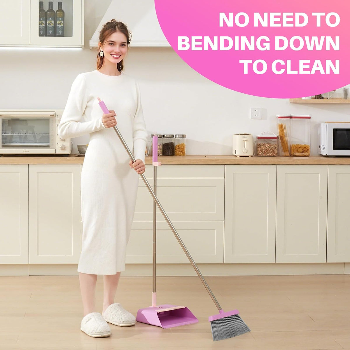 JOYMOOP Pink Broom and Dustpan Set, Upright Angle with Built-in Comb Teeth for Kitchen, Lobby, Pet