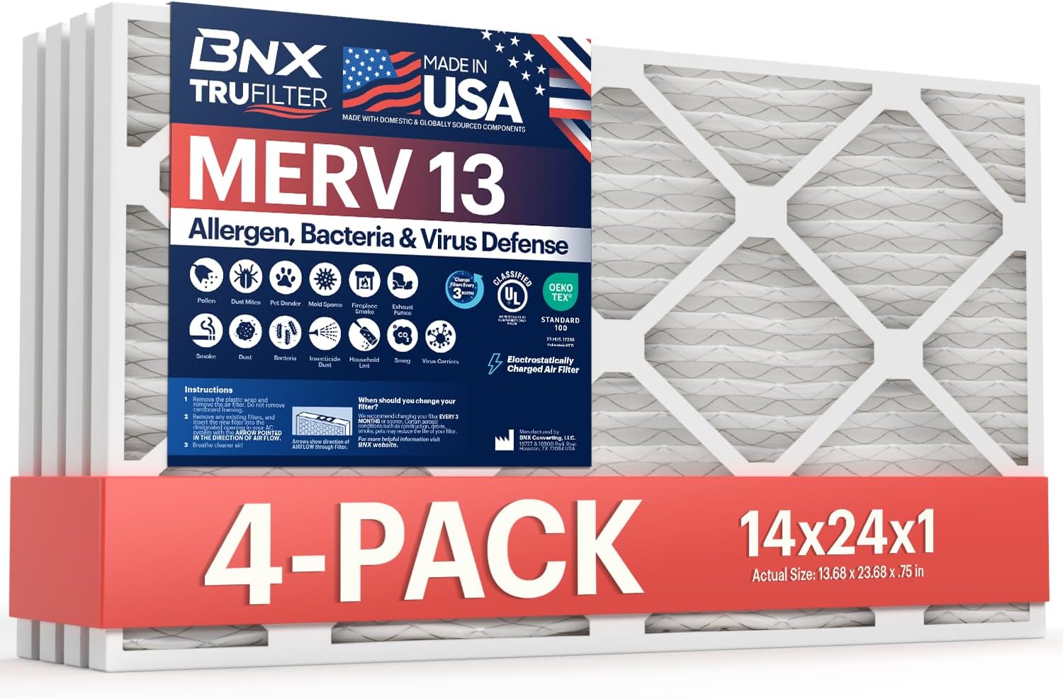 BNX TruFilter 14x24x1 Air Filter MERV 13 (4-Pack) - MADE IN USA - Electrostatic Pleated Air
