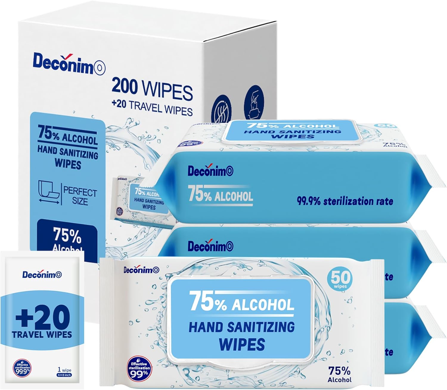Advanced Large 75% Alcohol Hand Sanitizing Wipes, 4 Packs of 50 (200 Wipes) - Plus 20 Travel Packs