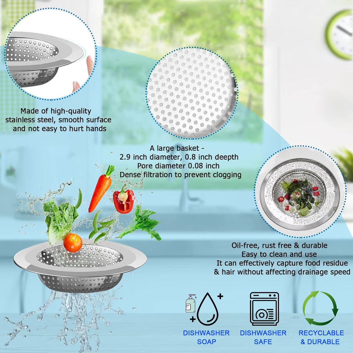 Kitchen Sink Drain Strainer, 4 Pack Stainless Steel and Black Mesh Sink Strainer for Kitchen with