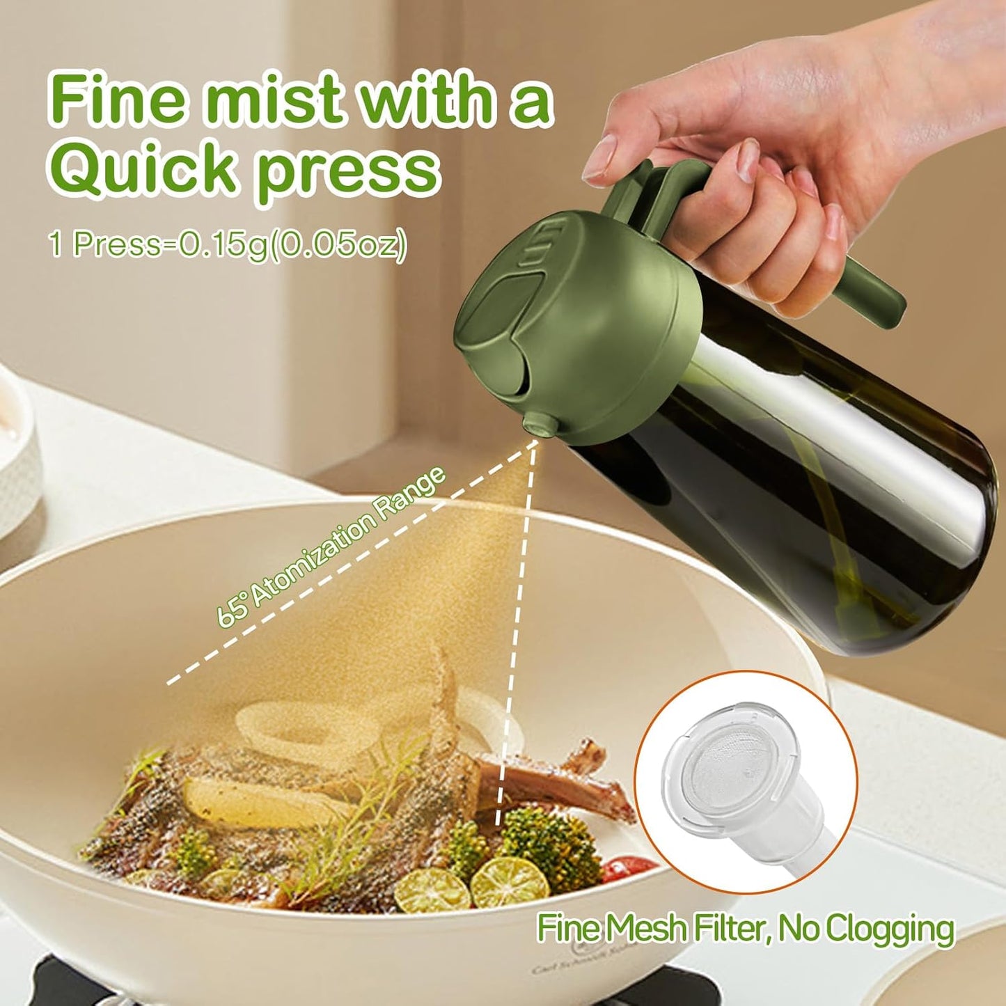 YARRAMATE 16oz/470ml Dark Green Oil Sprayer for Cooking with Stickers, Food-grade Premium 2 in 1
