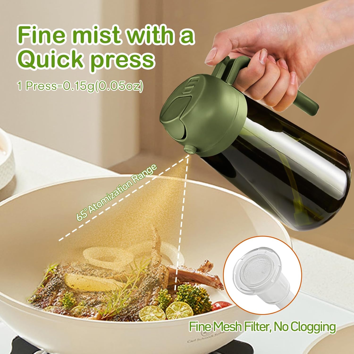 YARRAMATE 16oz/470ml Dark Green Oil Sprayer for Cooking with Stickers, Food-grade Premium 2 in 1