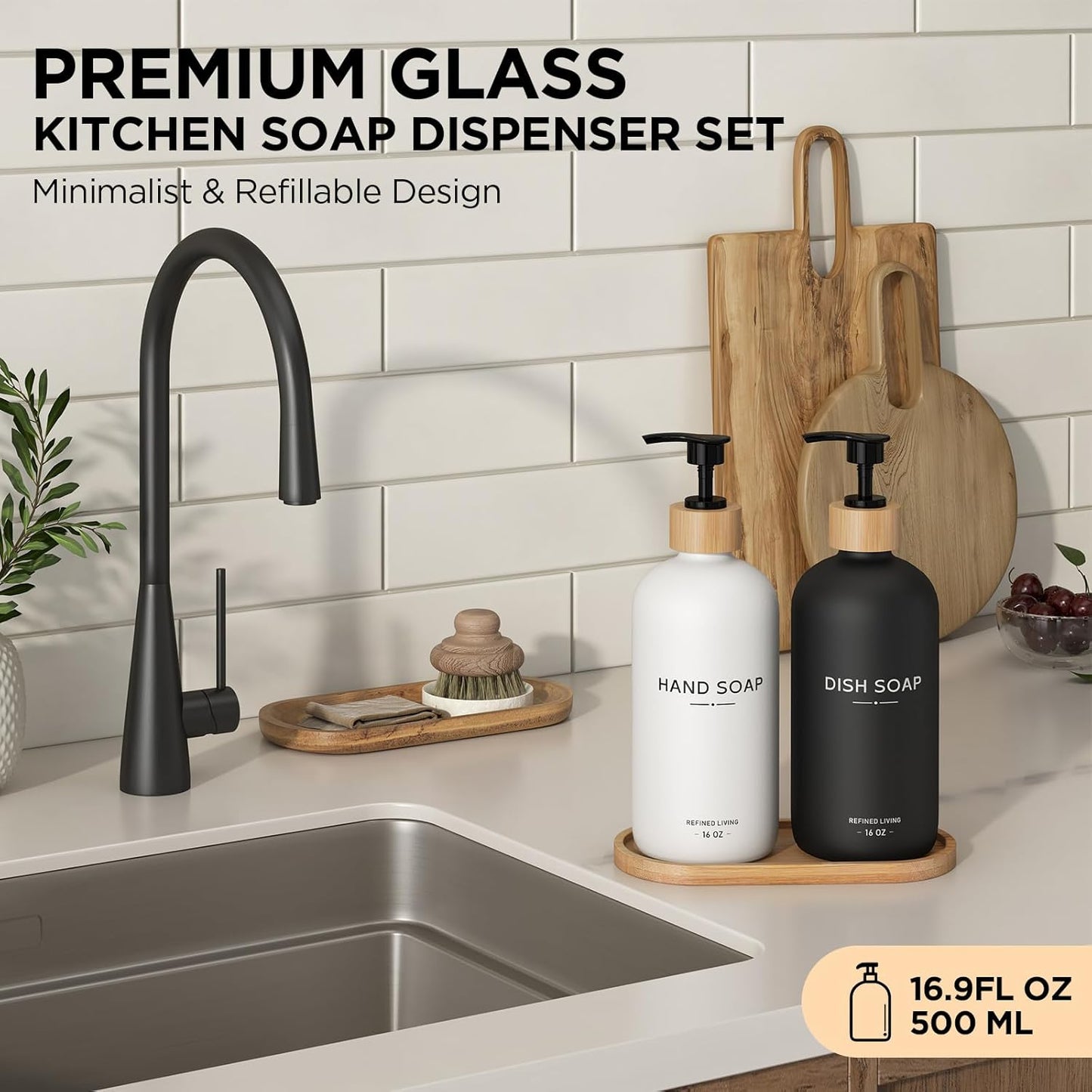 Hand and Dish Soap Dispenser Set,16oz Glass Bottles with Printed Labels, Bamboo Tray &