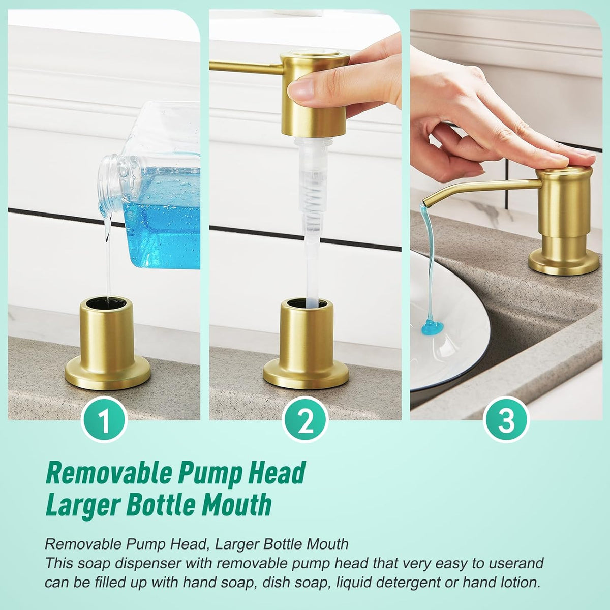 CREA Brushed Gold Kitchen Soap Dispenser Countertop Soap Dispenser for Kitchen Sink, Built in Sink