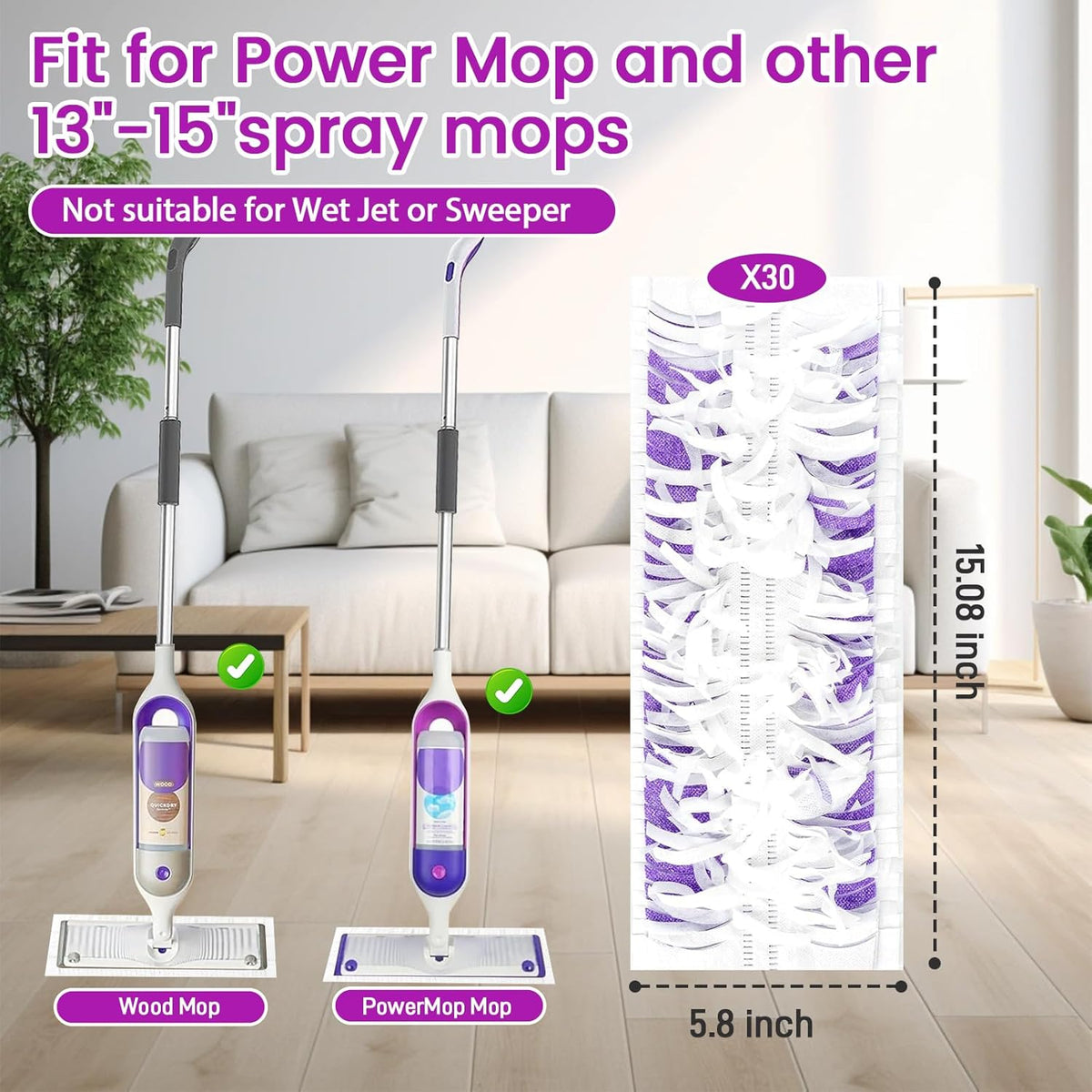 30 Pack Power Mop Pads Refills Compatible with Swiffer Power Mop Refills,Disposable Microfiber