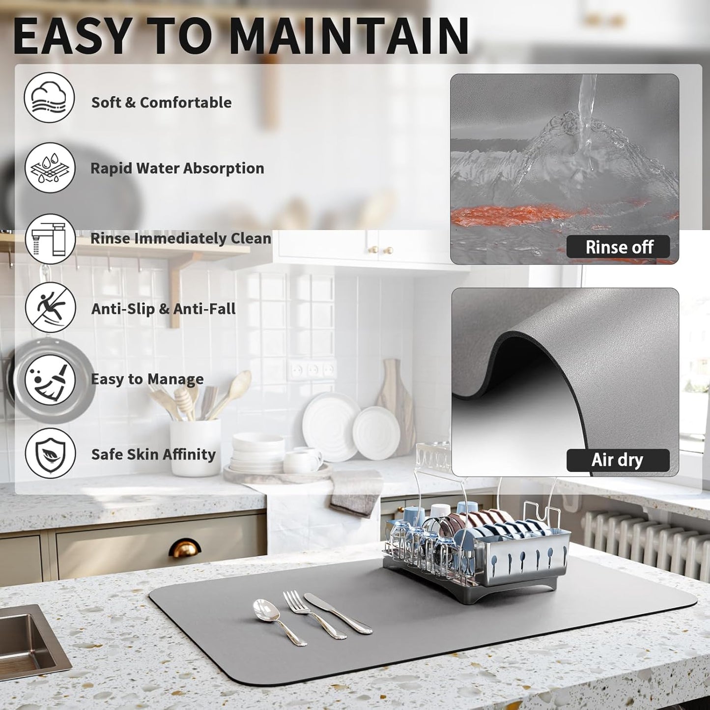 Dish Drying Mat for Kitchen Counter, Heat Resistant Drainer Mats with Non-slip Rubber Backed, Hide