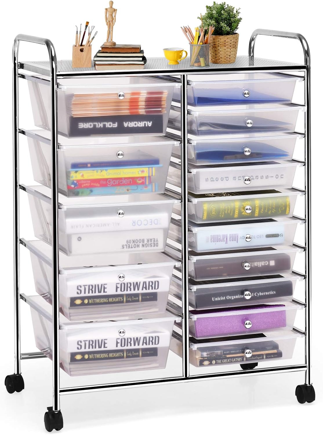 GOFLAME 15-Drawer Rolling Storage Cart, Multipurpose Movable Organizer, Utility Cart for Home