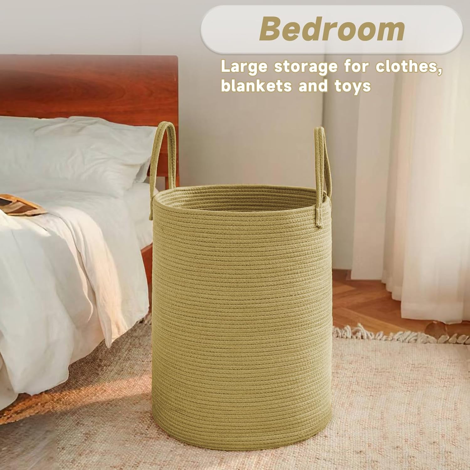 Large Woven Laundry Basket Hamper,80L Cotton Rope Storage Bin for Blankets,Toys and