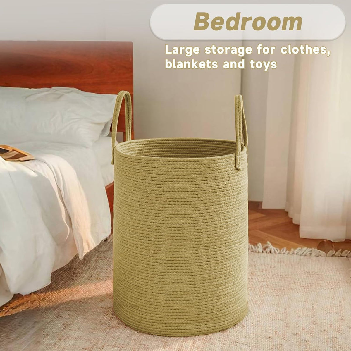 Large Woven Laundry Basket Hamper,60L Cotton Rope Storage Bin for Blankets,Toys and