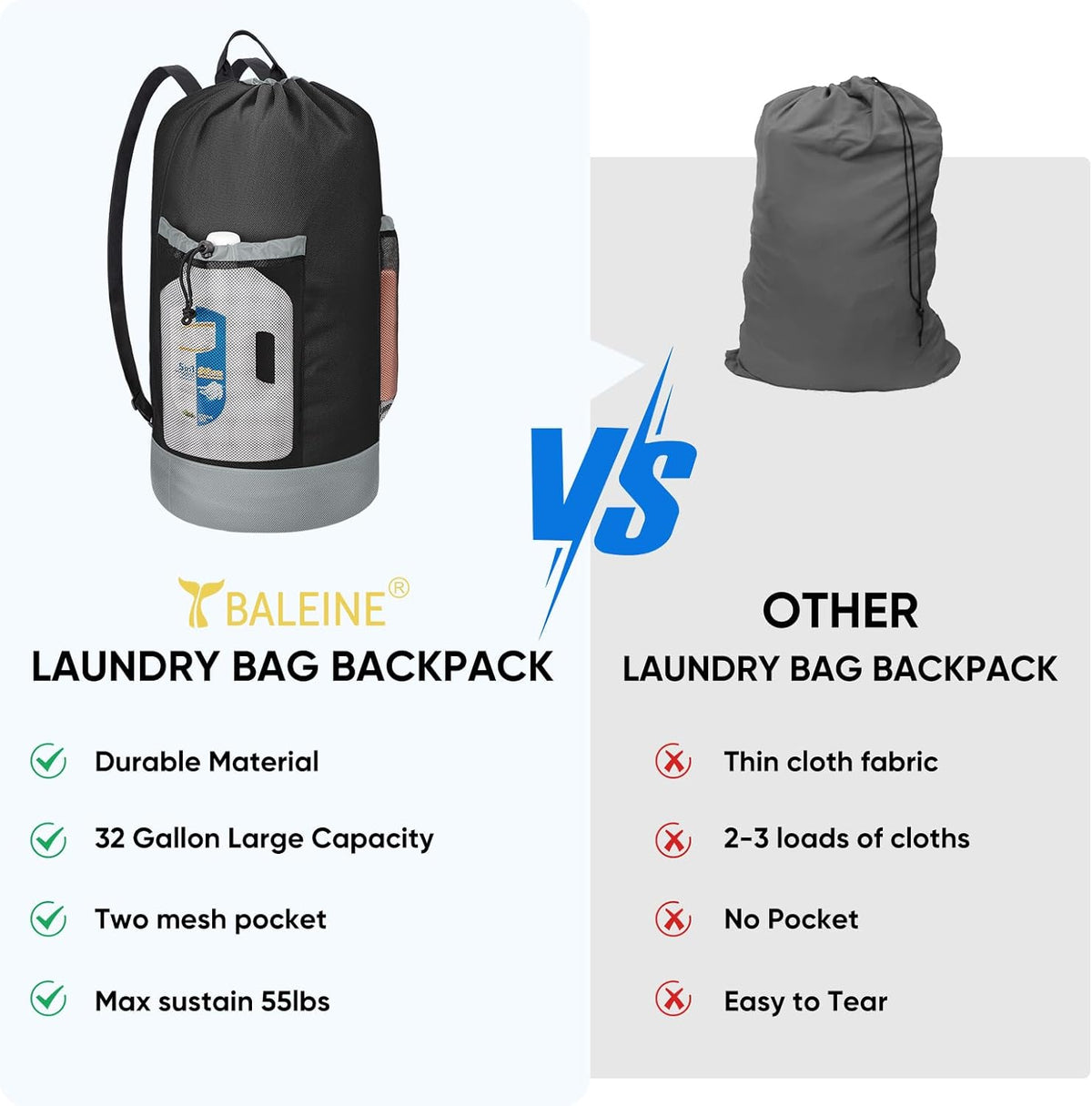 BALEINE 150L Laundry Bag Backpack, 900D Oxford Fabric Large Travel Laundry Bags with Shoulder