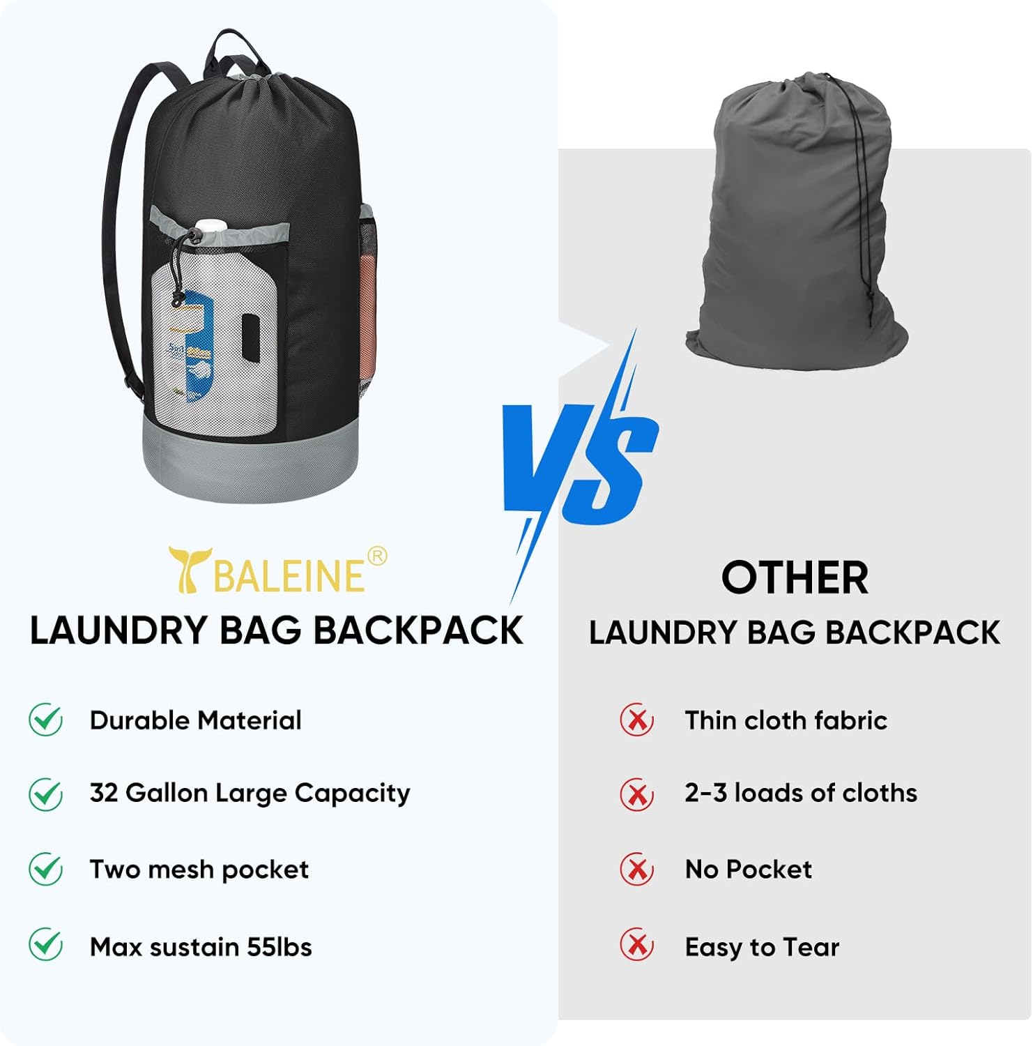 BALEINE 120L Laundry Bag Backpack, 900D Oxford Fabric Large Travel Laundry Bags with Shoulder