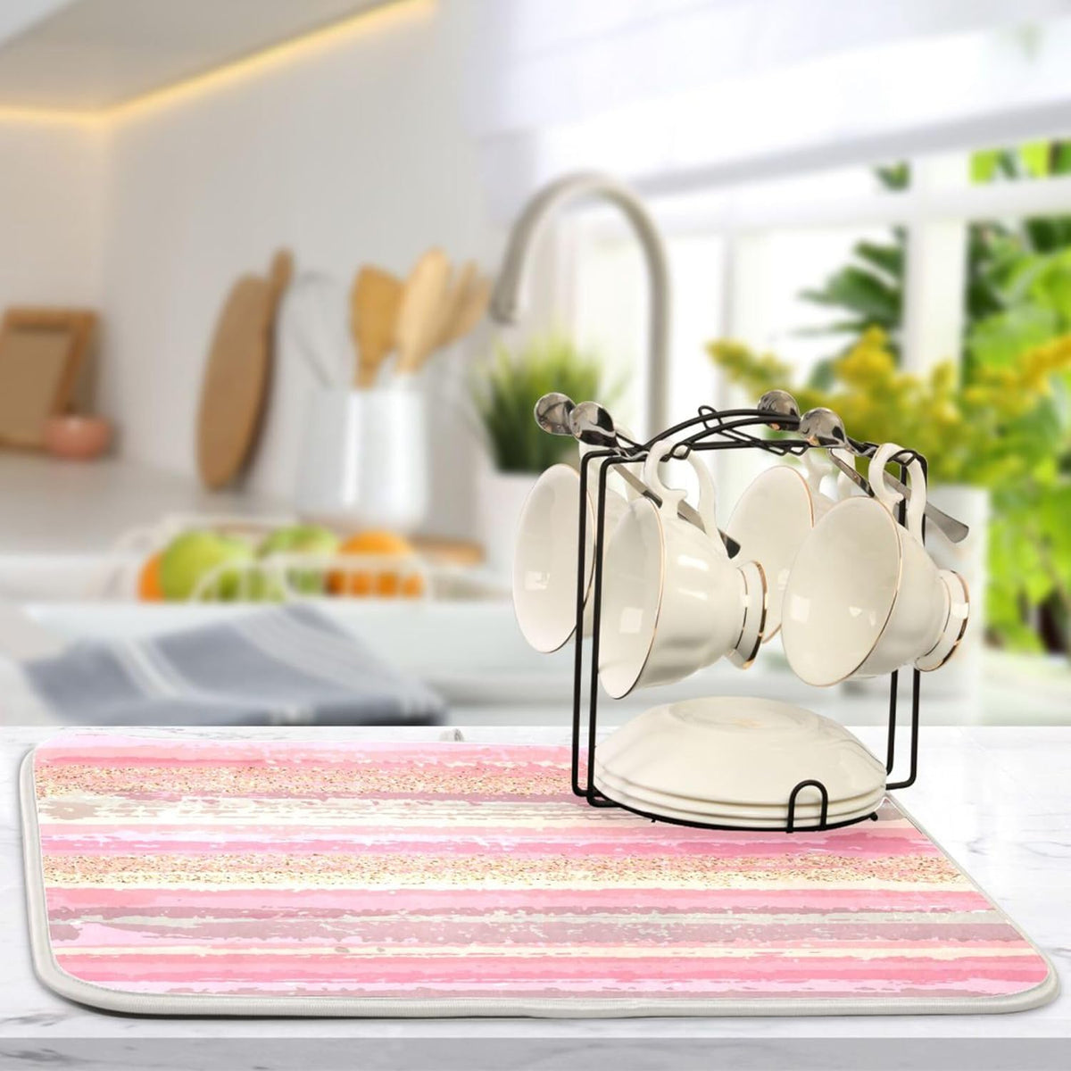 Pink Gold Stripe Dish Drying Mat for Kitchen Countertop 16x18 Rectangle Small Drying Mat Reusable