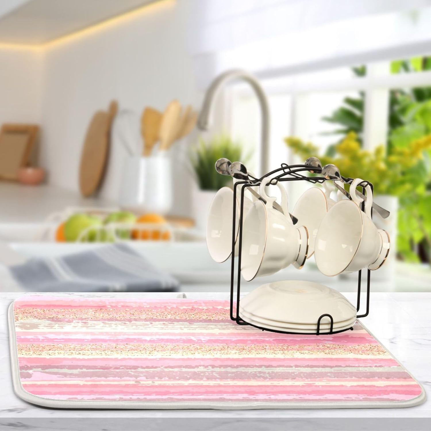 Pink Gold Stripe Dish Drying Mat for Kitchen Countertop 18x24 Rectangle Large Drying Mat Reusable