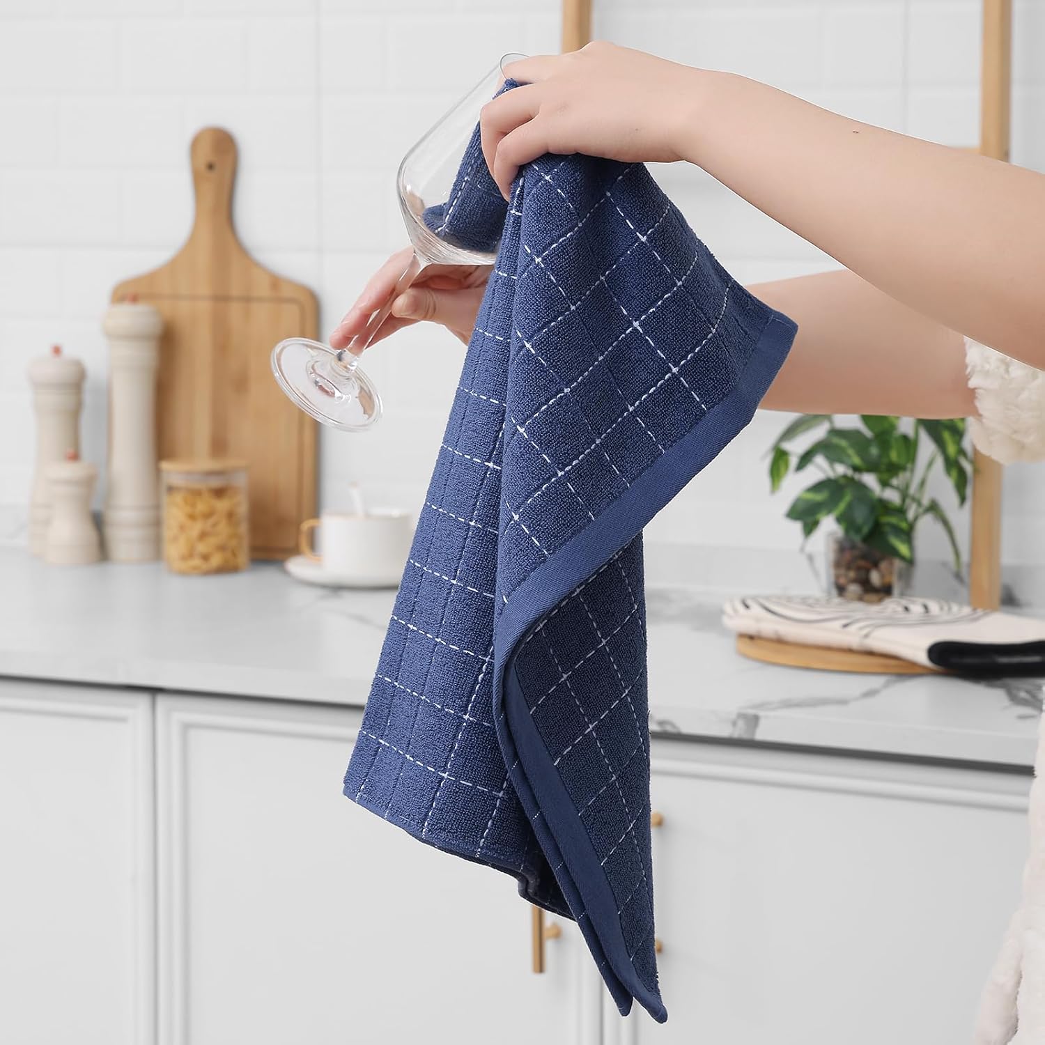 Homaxy 100% Cotton Terry Kitchen Towels(Navy Blue, 20 x 28 inches), Checkered Designed, Soft and