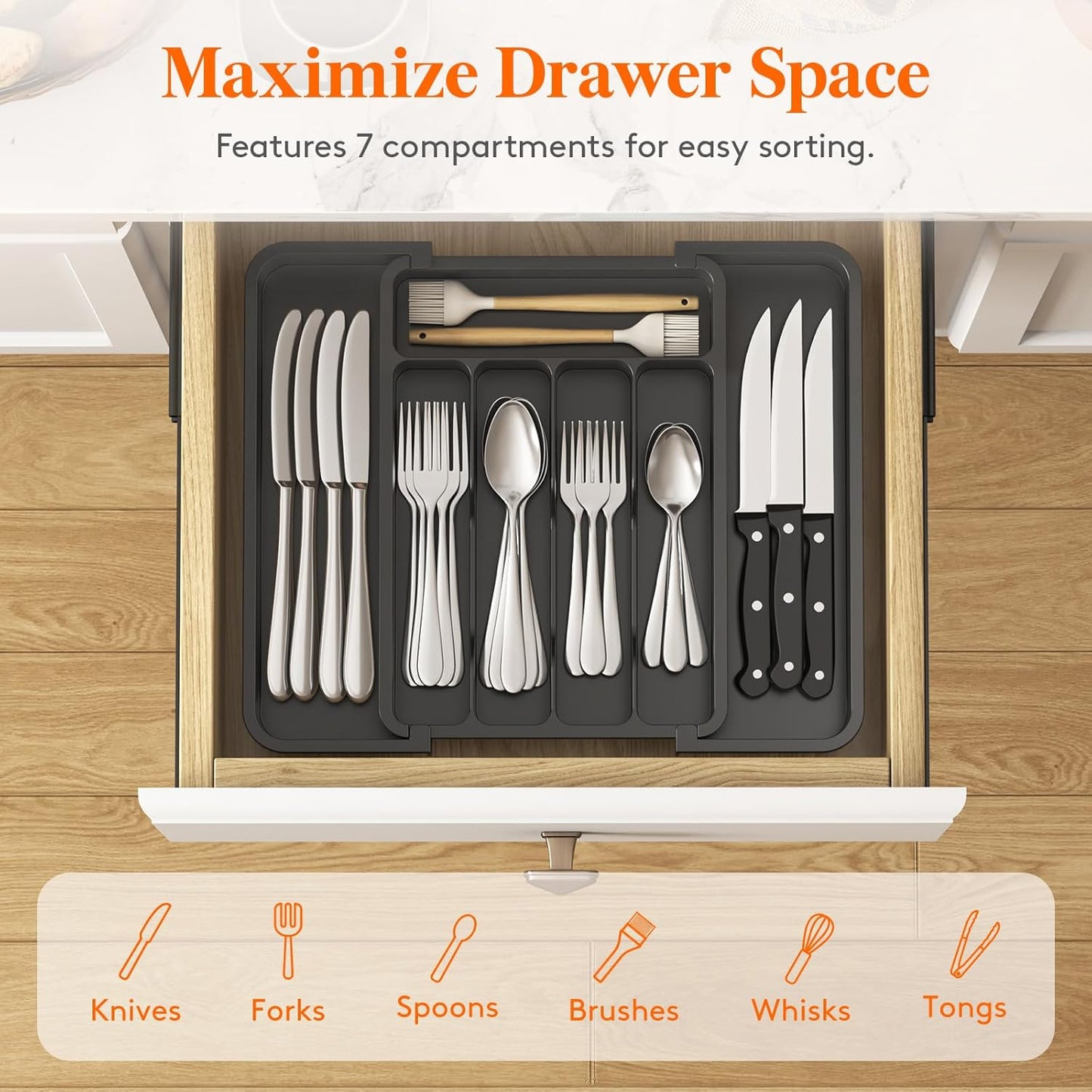 Lifewit Silverware Drawer Organizer, Expandable BPA Free Utensil Tray for Kitchen, Adjustable