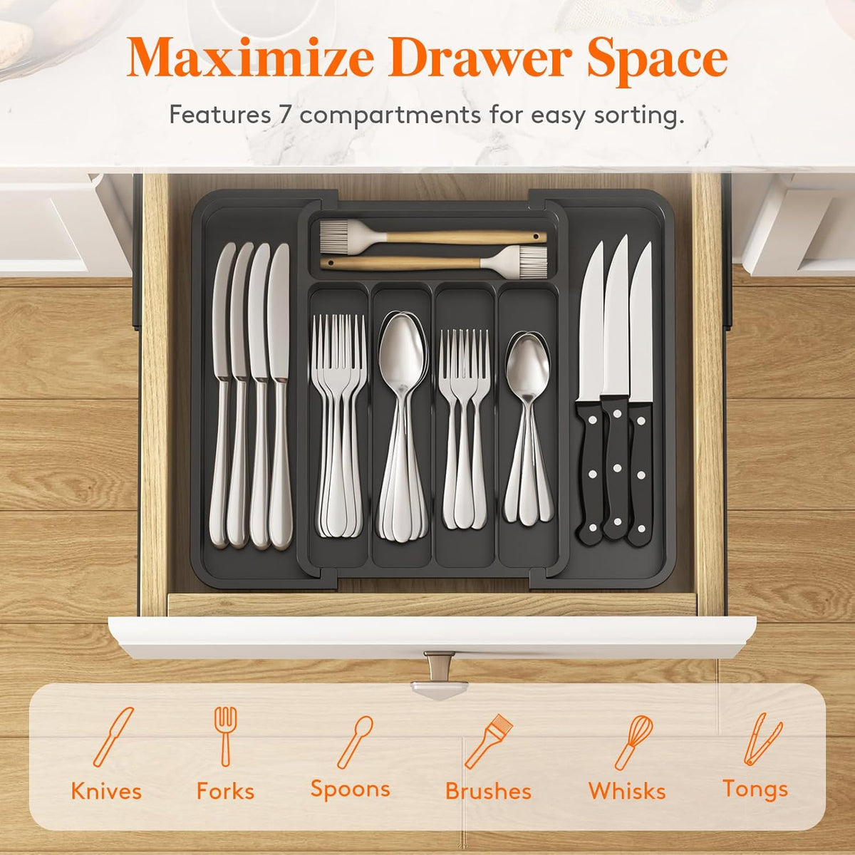 Lifewit Silverware Drawer Organizer, Expandable BPA Free Utensil Tray for Kitchen, Adjustable