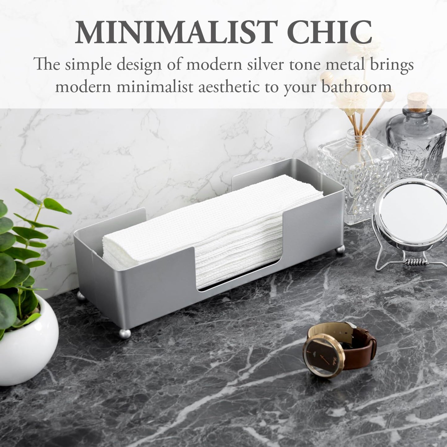 MyGift Metal Tabletop Folded Hand Towel Holder, Modern Silver Tone Commercial Countertop Tissue