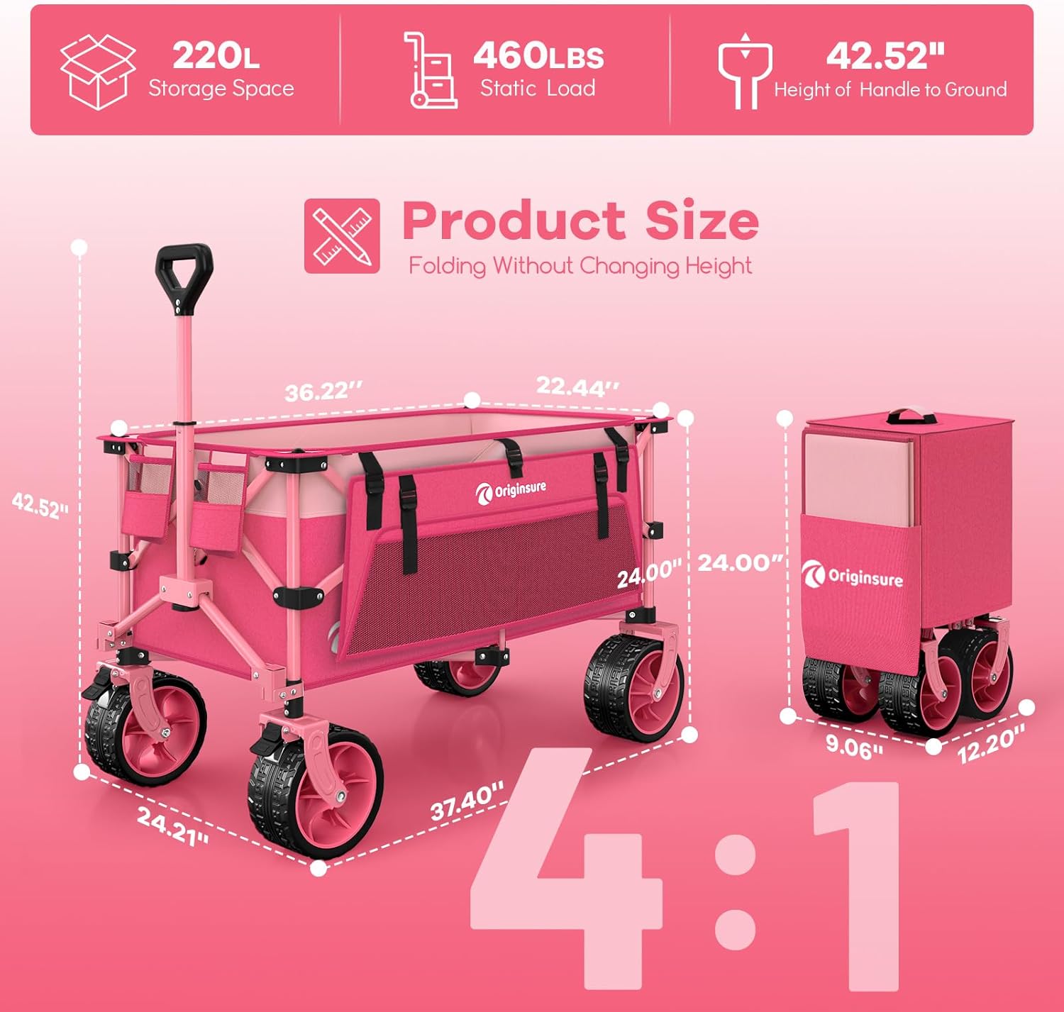 220L Collapsible Wagon Cart Foldable, 460lbs Load Capacity Heavy Duty Folding Beach Wagons with Big