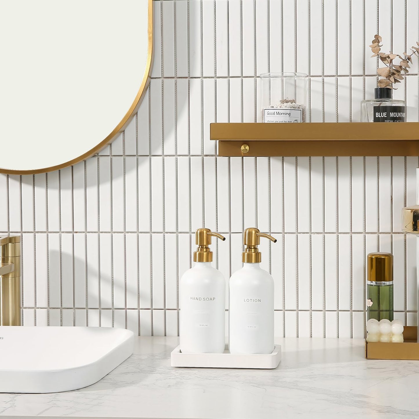 Gold Soap Dispenser Bathroom Set, Hand and Lotion Dispenser with Stainless Steel Pump, Perfect for