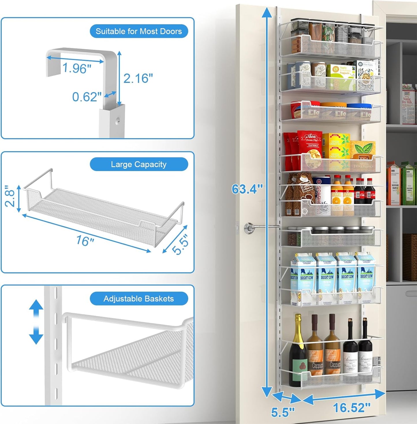 Over the Door Pantry Organizer, 8-Tier Over the Door Organizer with Adjustable Basket, Pantry Door