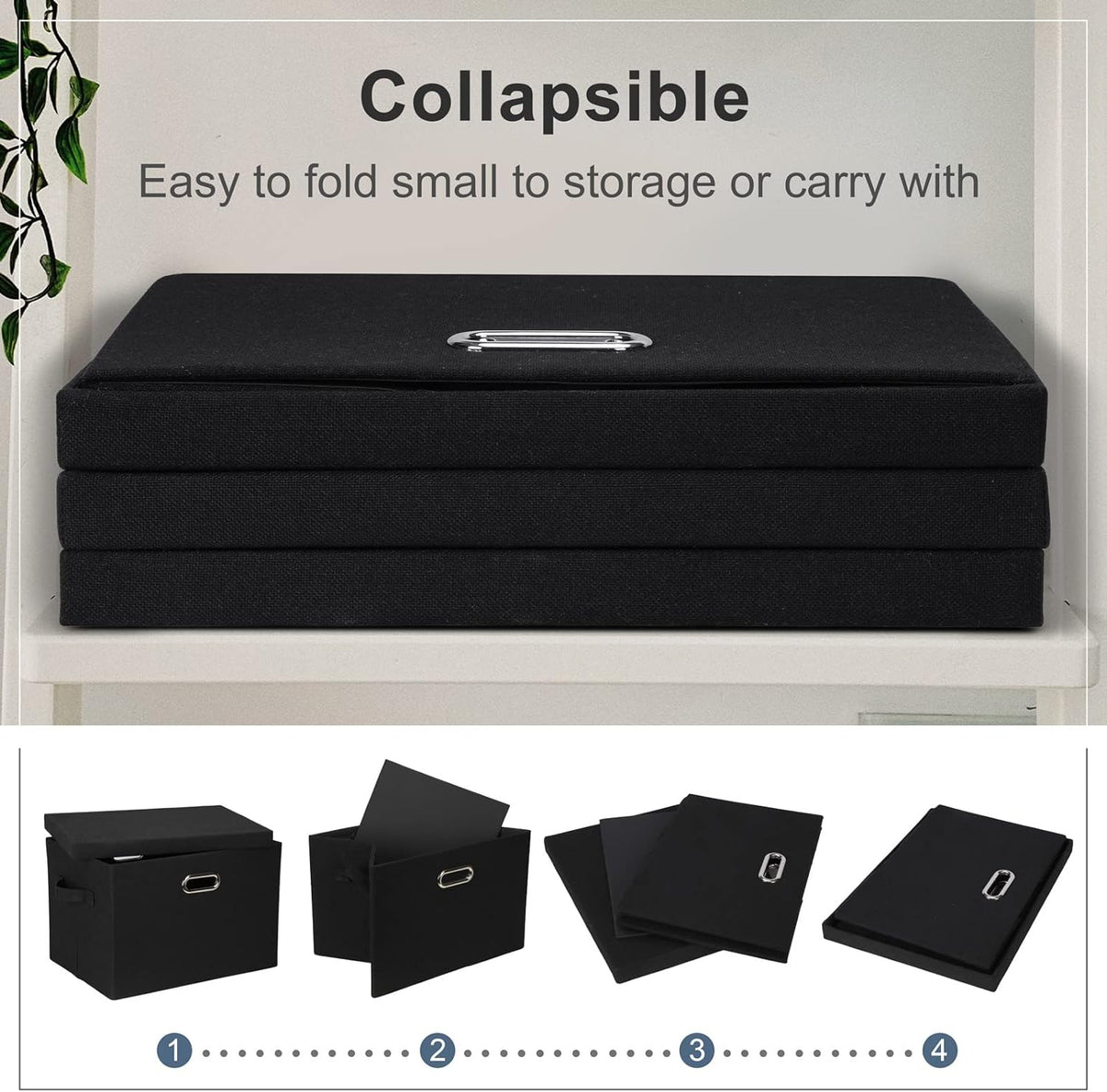 Large 17" 36 Quart Collapsible Stackable Storage Bins with Lids, 3 Packs Black Linen Fabric Closet