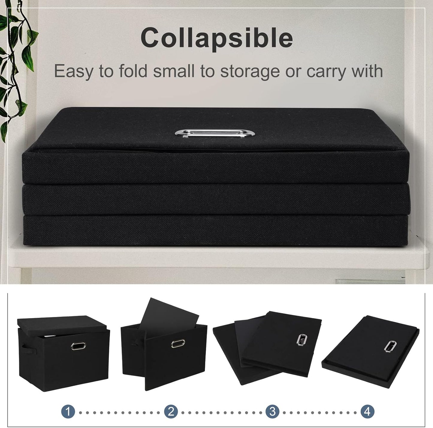 Large 17" 36 Quart Collapsible Stackable Storage Bins with Lids, 1 Pack Black Foldable Fabric