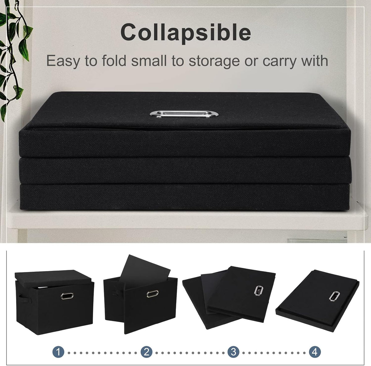 Large 17" 36 Quart Collapsible Stackable Storage Bins with Lids, 1 Pack Black Foldable Fabric