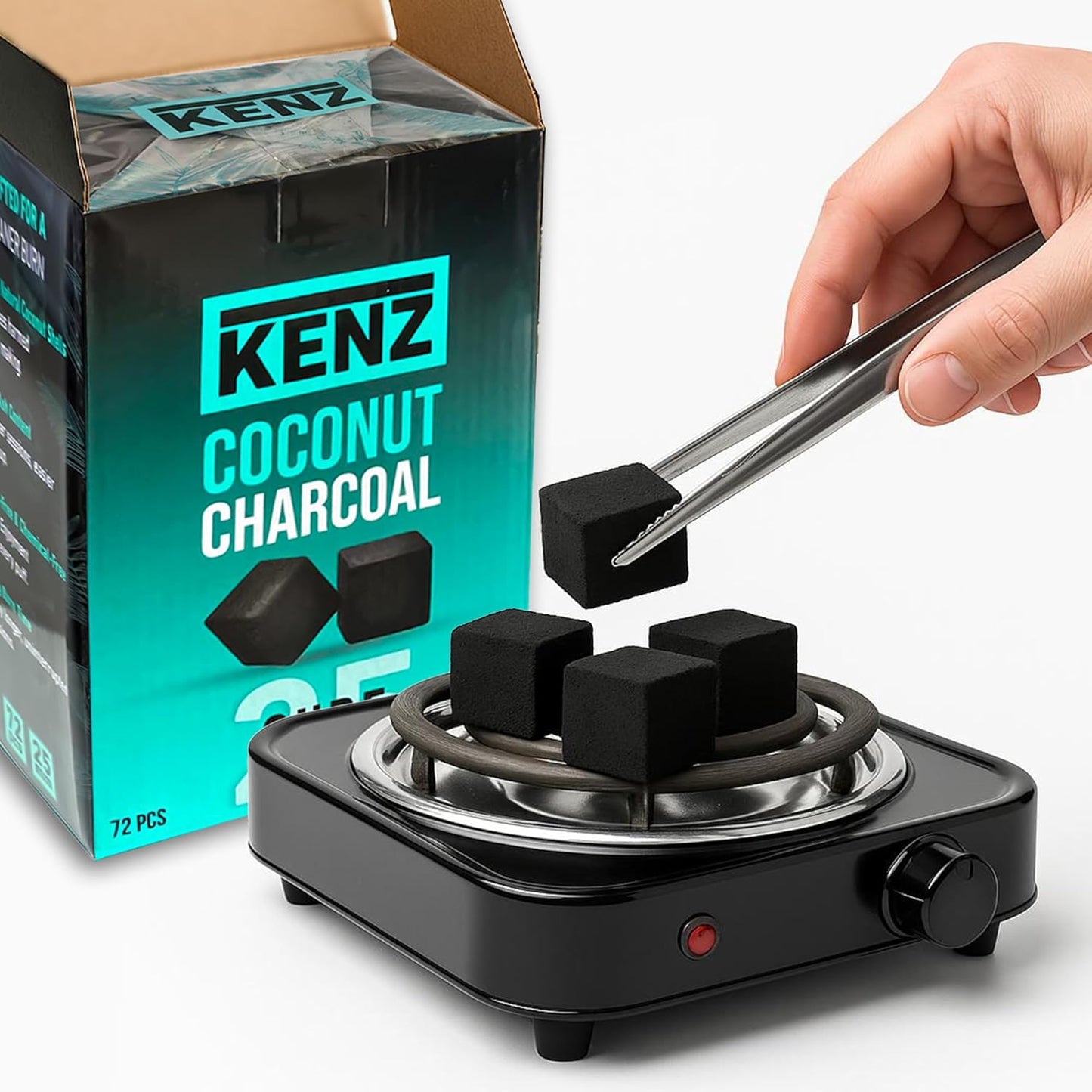KENZ Charcoal Cubes, 25mm Low Ash Coconut Charcoal Briquettes, 100% Natural Coconut Shells
