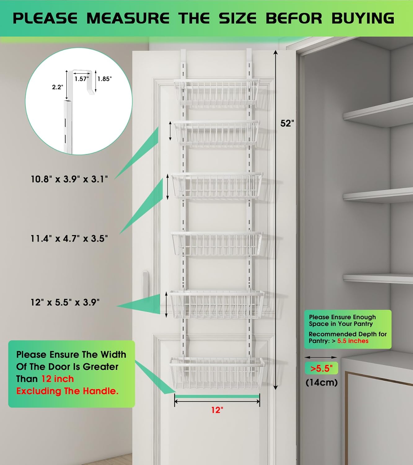 12 Inch Wide Narrow Over The Door Pantry Organizer, Pantry Organization and Storage, 6-Tier Metal