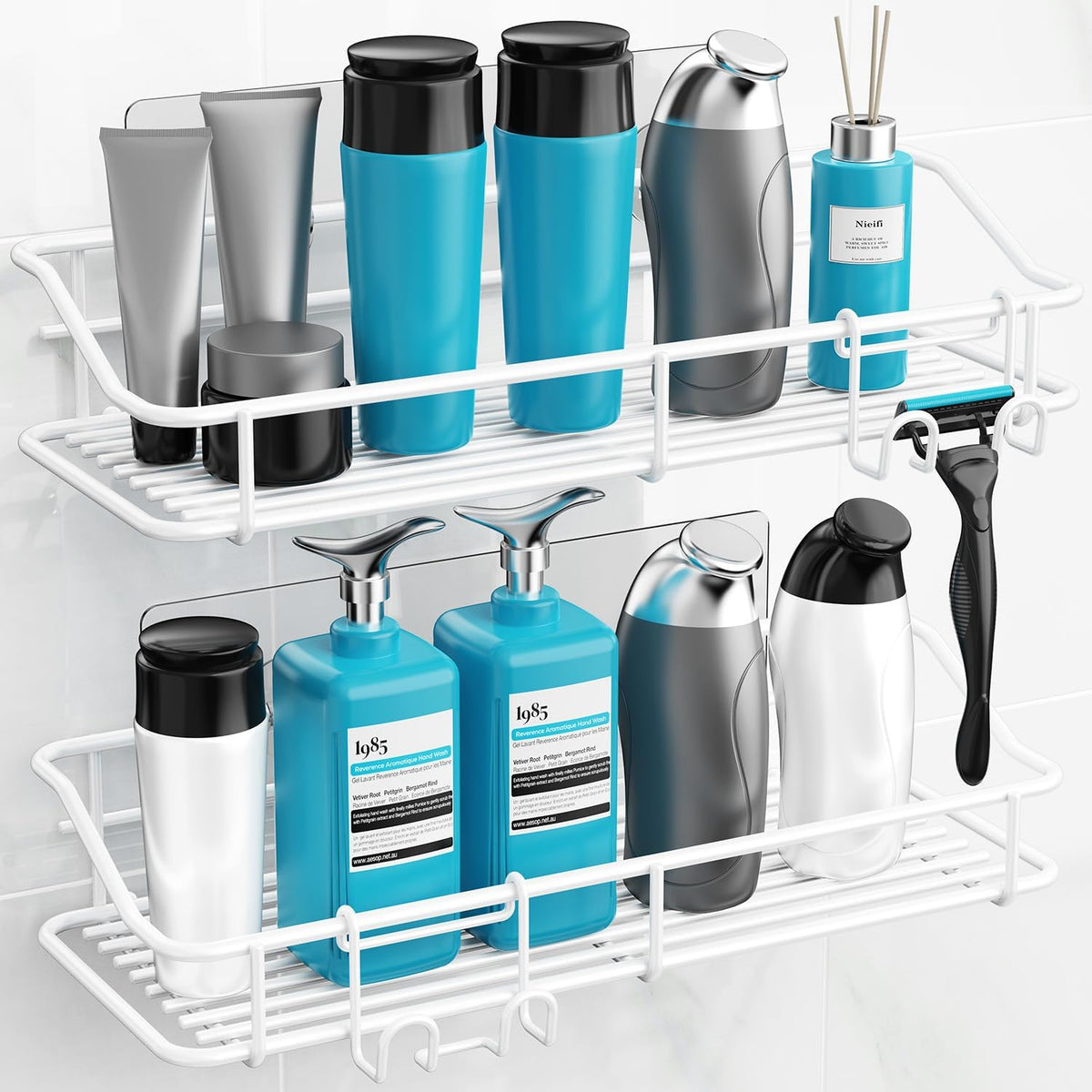 Nieifi Shower Caddy Shelf with Hooks Storage Rack Organizer Adhesive Stainless Steel Without