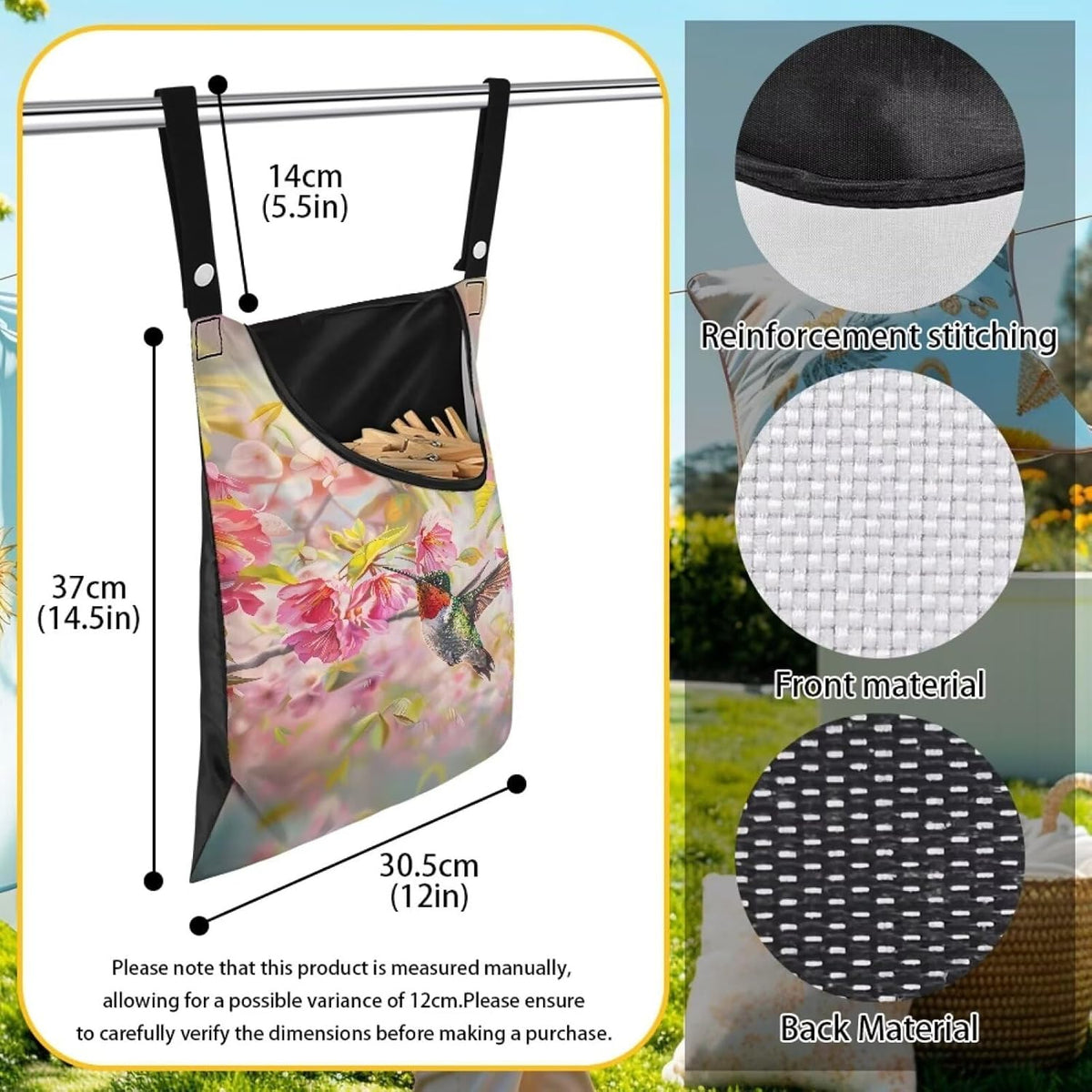 Hummingbird Clothespin Bag with Hanging Rope Cherry Blossom 14.5 x 12 Inch Summer Waterproof