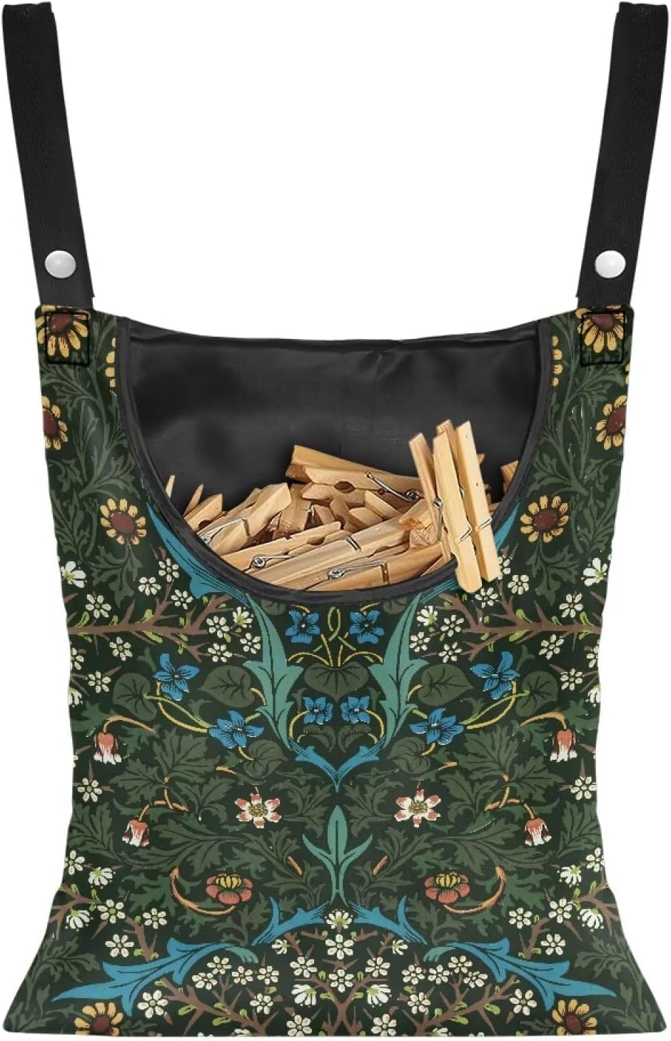Vintage Scabious Leaf Print Reinforced Clothespin Holder Bag 14.5x12in - Large Capacity Storage