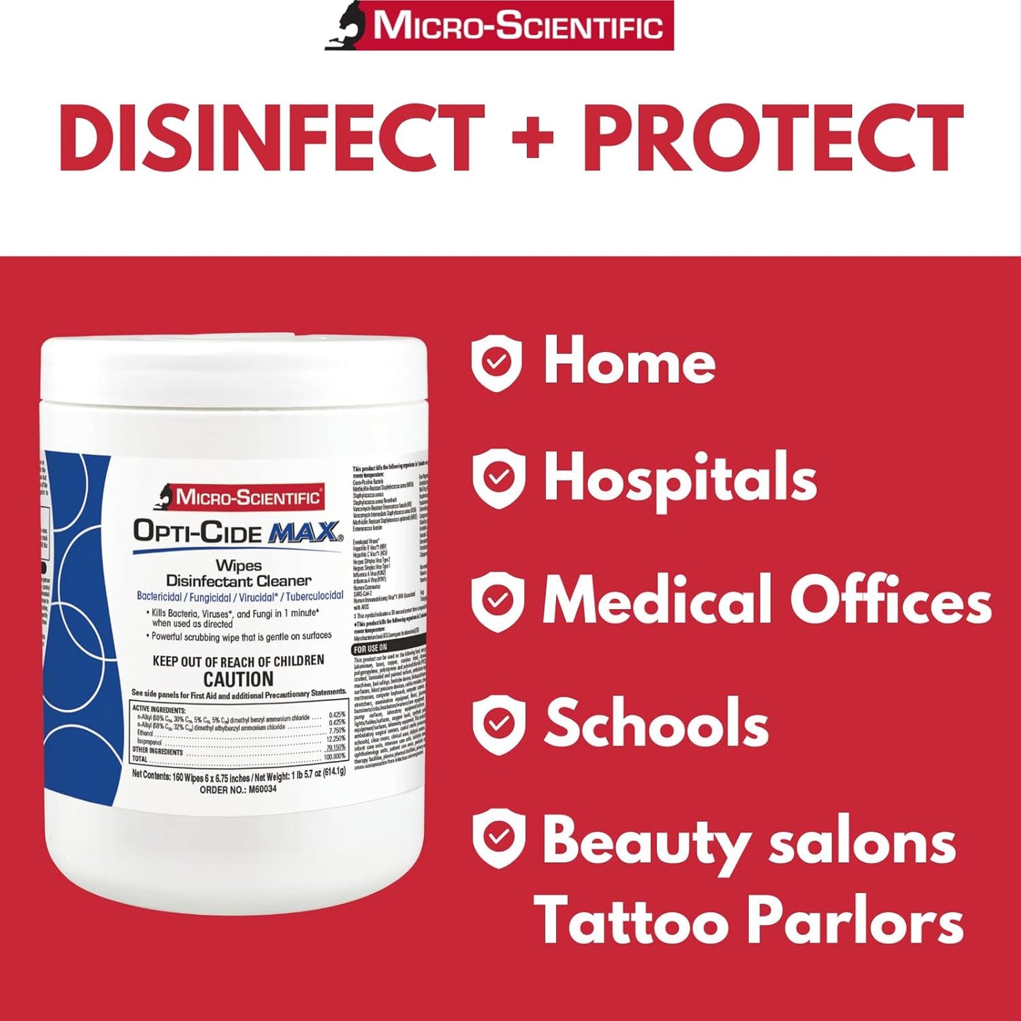 Micro-Scientific Opti-Cide Max Disinfecting Wipes (2 Pack) - 320 Wipes - Hospital Grade EPA