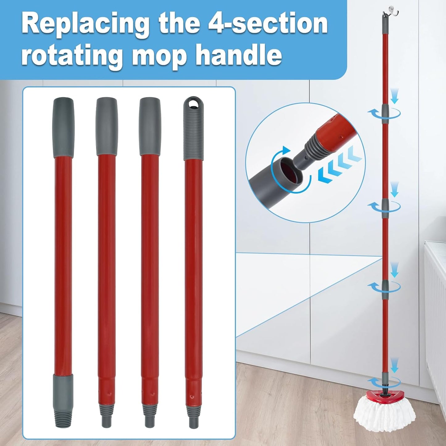 Mop Handle for Ocedar, Mop Handle for O Cedar, Spin Mop Replacement Handle for O Cedar, 4 Section