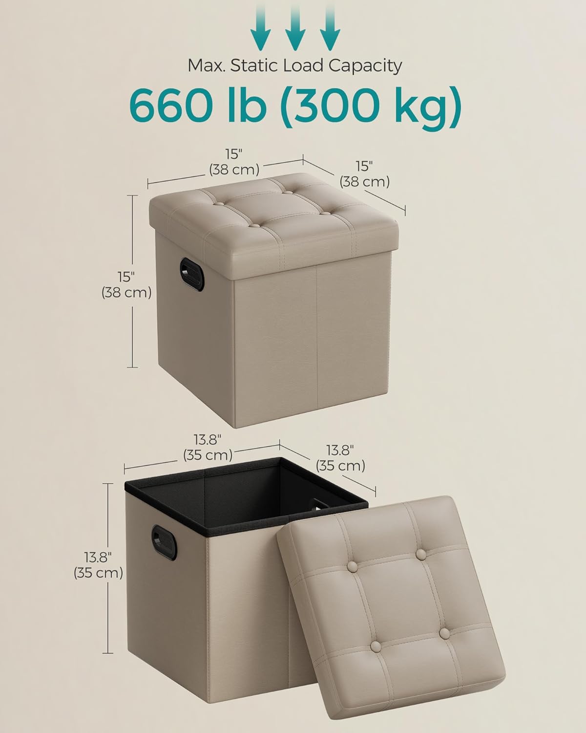 SONGMICS Mazie Collection - 15 Inches Ottoman with Storage, Footstool, Storage Ottoman with Metal