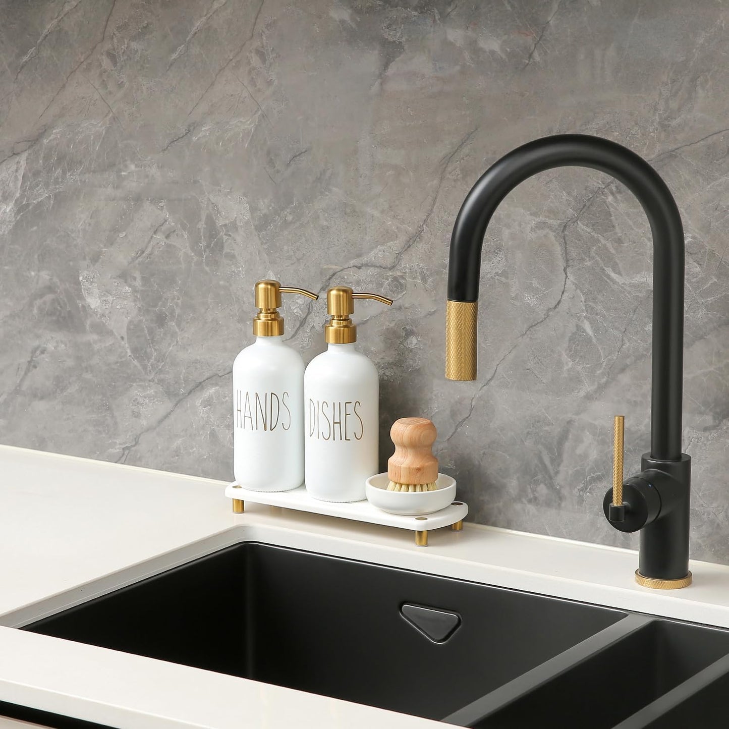 MOMEEMO Gold Soap Dispenser Set Comes with Stainless Steel Pumps, Instant Dry Tray, and Dish Scrub