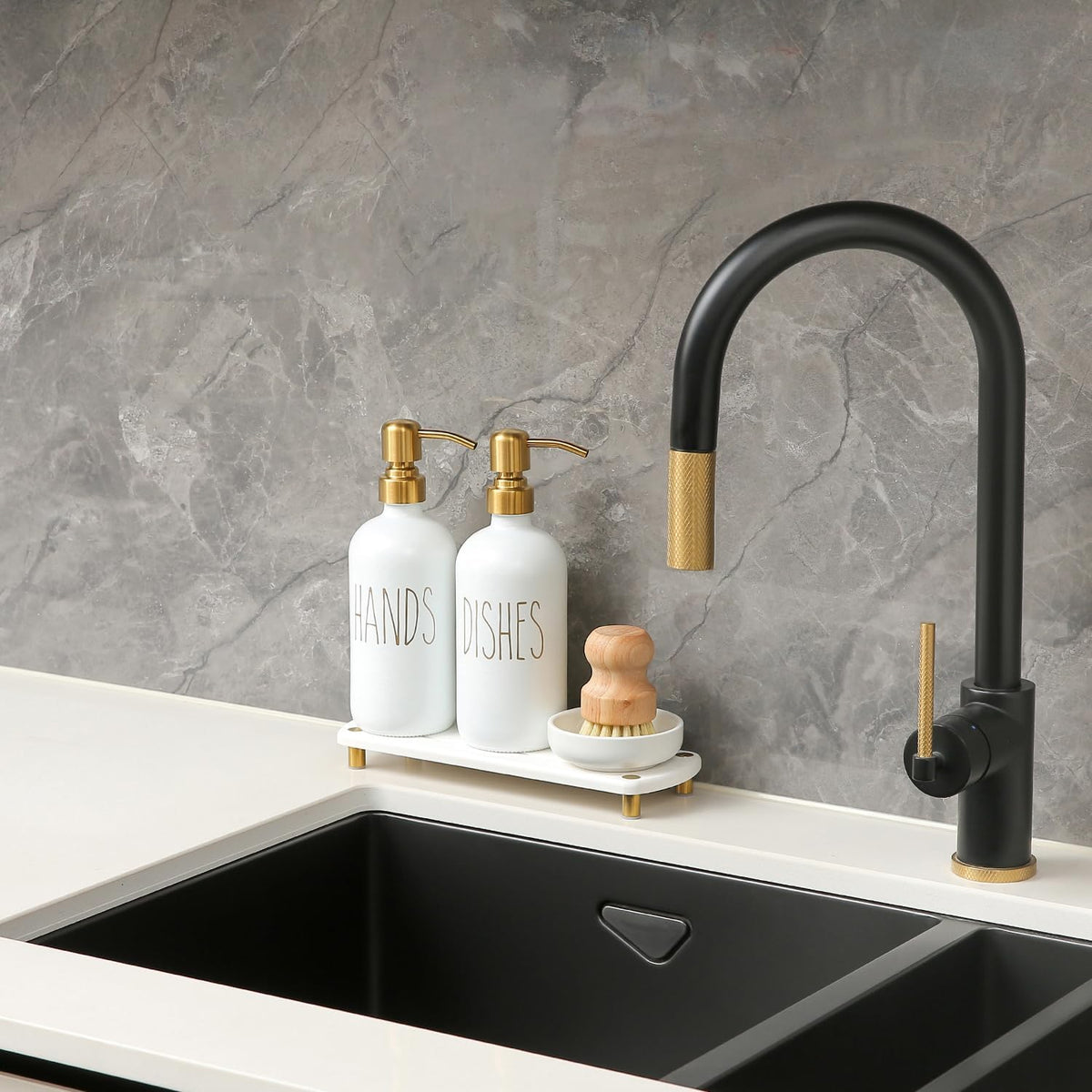 MOMEEMO Gold Soap Dispenser Set Comes with Stainless Steel Pumps, Instant Dry Tray, and Dish Scrub