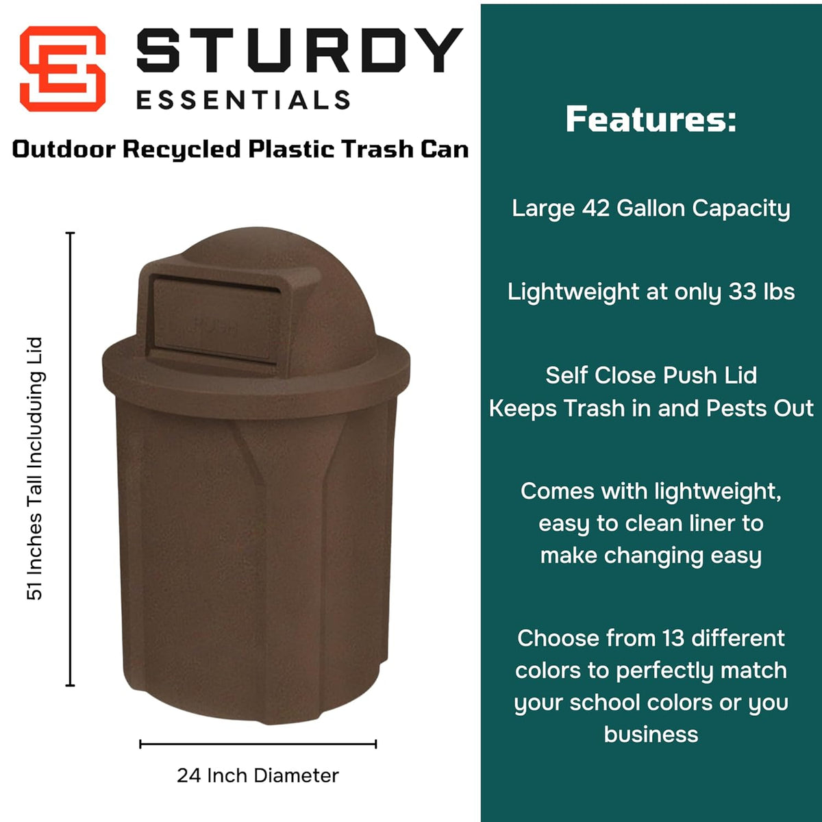 42 Gallon Circle 100% Recycled Plastic Heavy Duty Outdoor Commercial Trash Can with Push Open Dome
