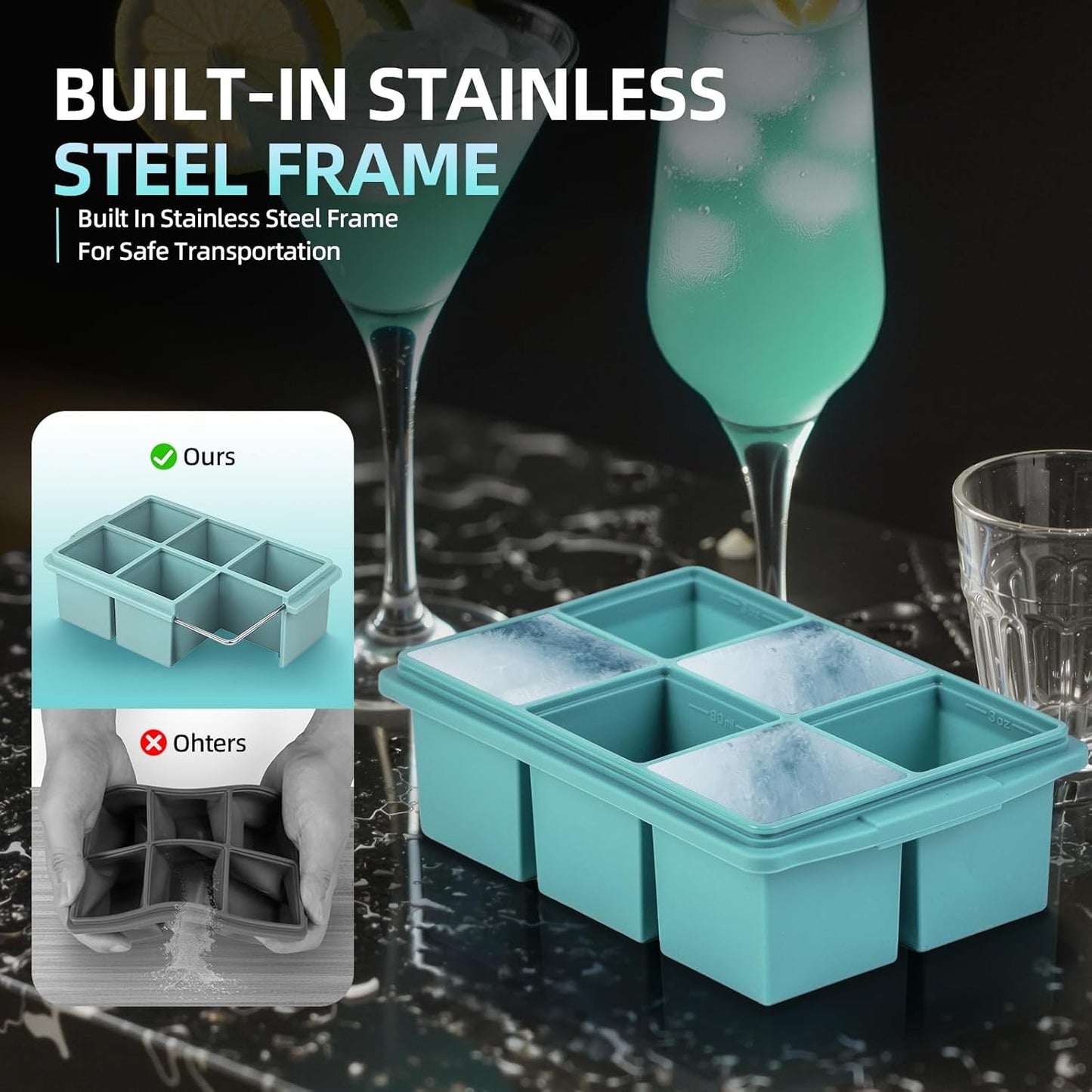 Large Ice Cube Trays for Whiskey (2 Pack) - Silicone Ice Cube Molds with Steel Frame Reinforcement