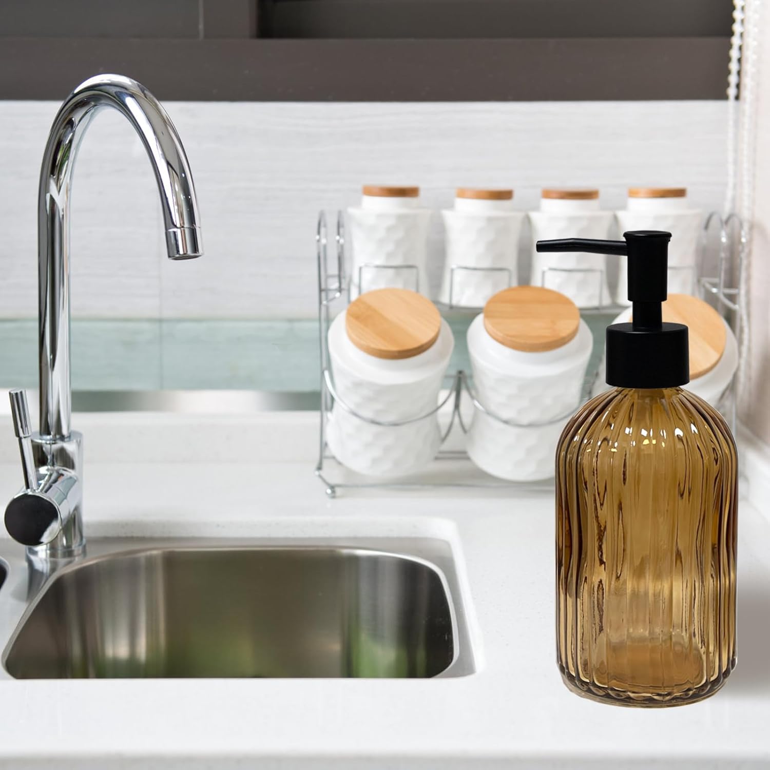 Black Pump Glass Soap Dispenser, 13.5oz Brown Stripe Countertop Refillable Liquid Bottle Hand Dish
