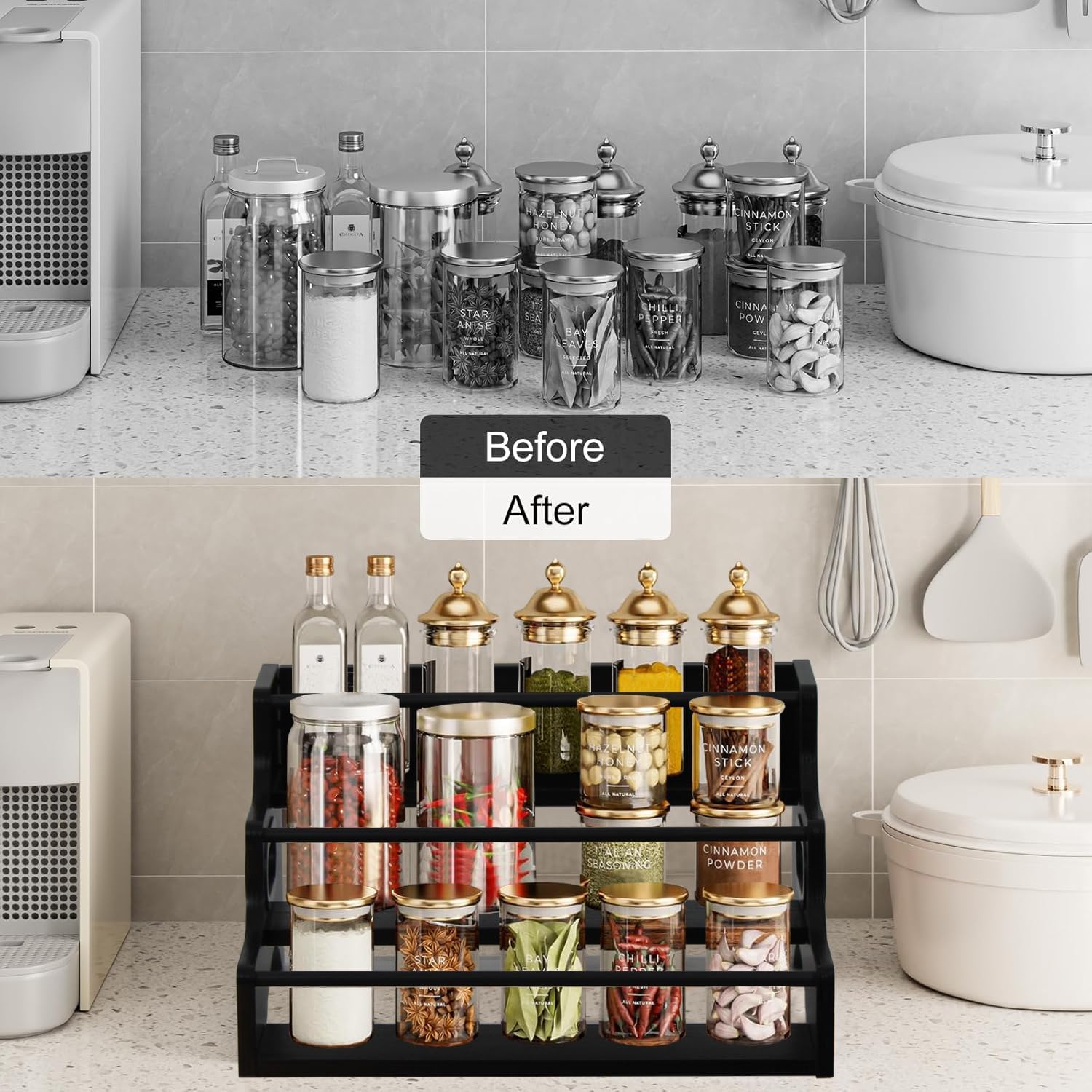 AT-VALY 3-Tier Spice Rack, Iron&MDF Kitchen Storage Shelf, Space-Saving Countertop Organizer for