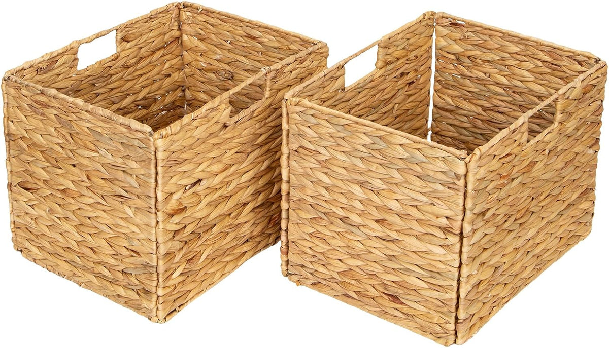 Storage Baskets，Wicker Baskets,Hyacinth Basket For Shelf,Folding 2 Packs Handmade Woven, Seagrass