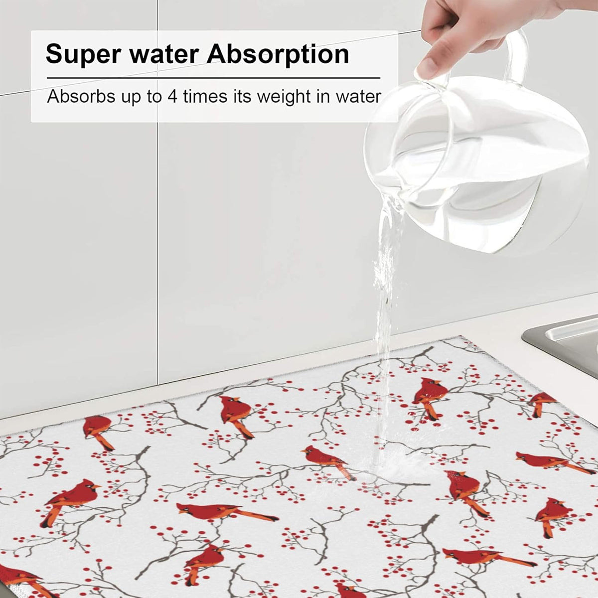 Cardinal Bird Red Berry Decor Kitchen Drying Mat Cute Microfiber Dish Drainer Mat for Kitchen