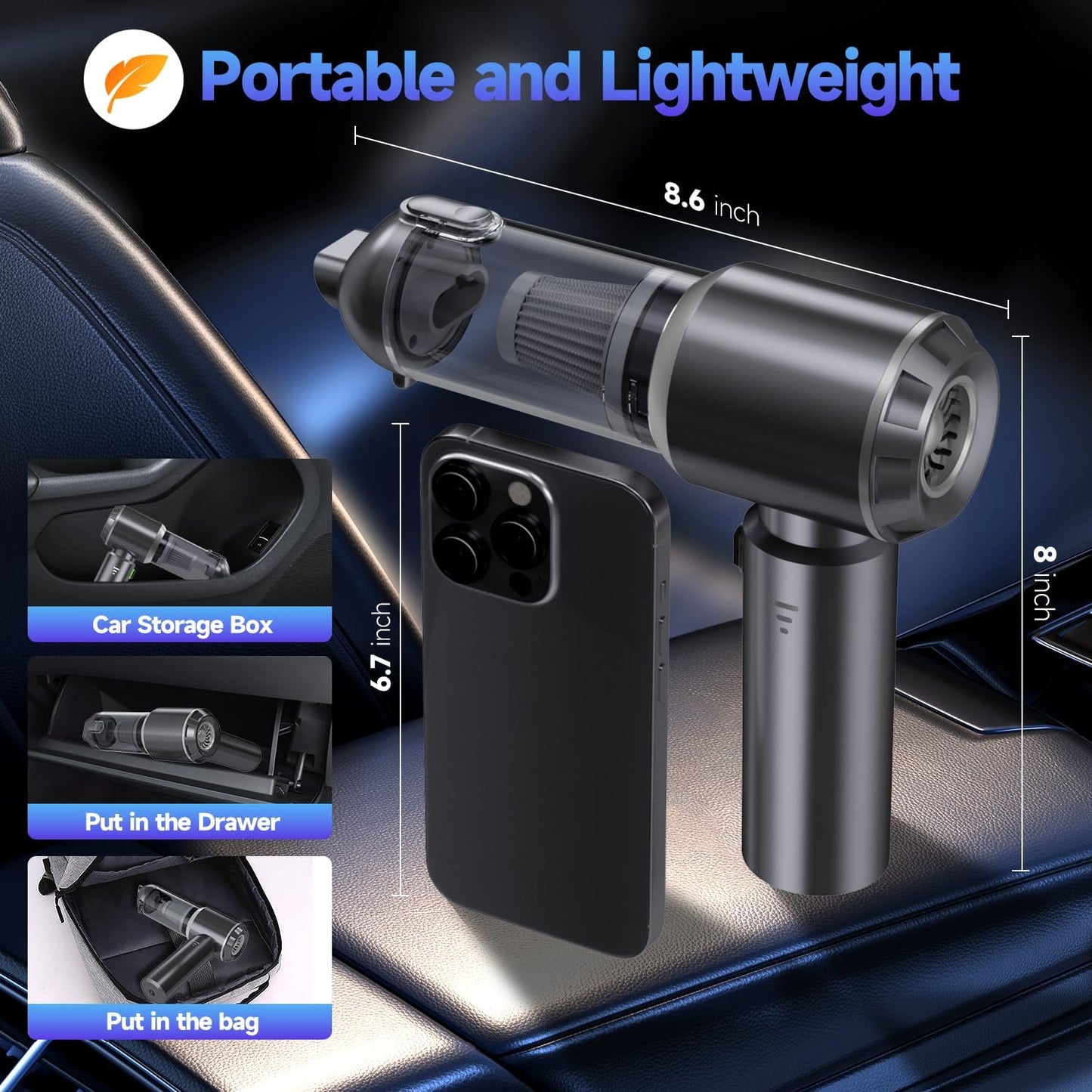 Car Vacuum Portable Cordless, Small Handheld Vacuum Cleaner with 24000PA High Power Suction, Mini