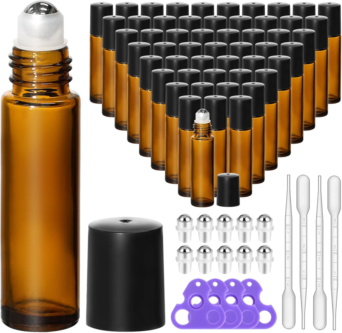 KEYWING 54 Pack Empty Essential Oil Roller Bottles – 10ml Amber Glass Roll-On Bottles with