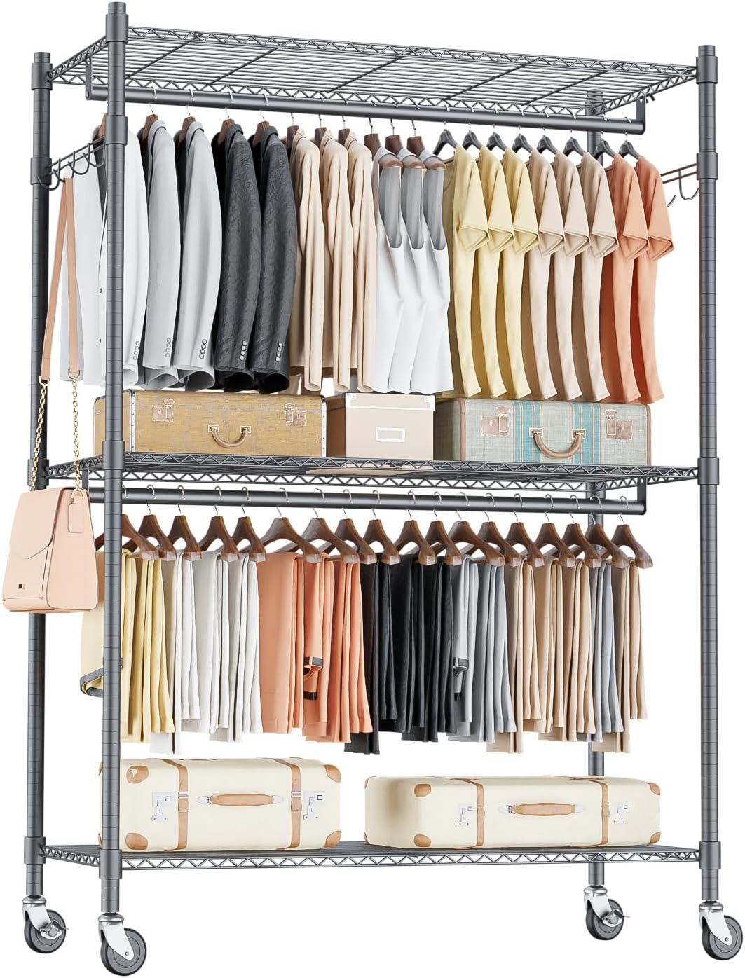 Homdox Heavy Duty Rolling Clothing Rack, Adjustable Garment Rack with 3 Tier Storage Shelves