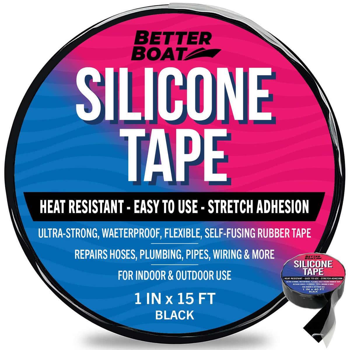 Black Heavy Duty Silicone Tape, Self-Fusing Rubber Hose and Plumbing Water Pipe Repair Seal, Coax